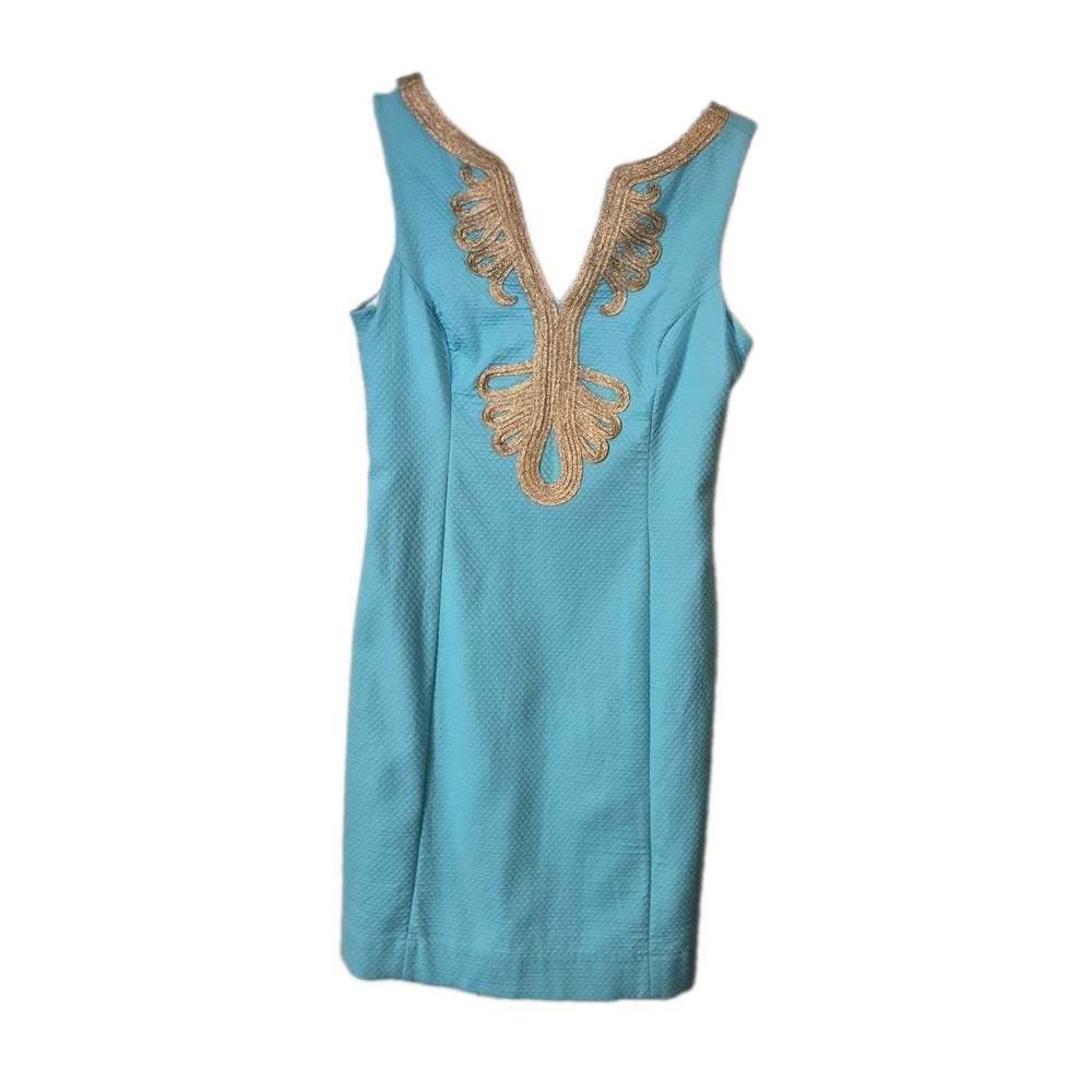 Lilly Pulitzer Blue Metallic Trim Shift Dress Sleeveless V-Neck Size 2